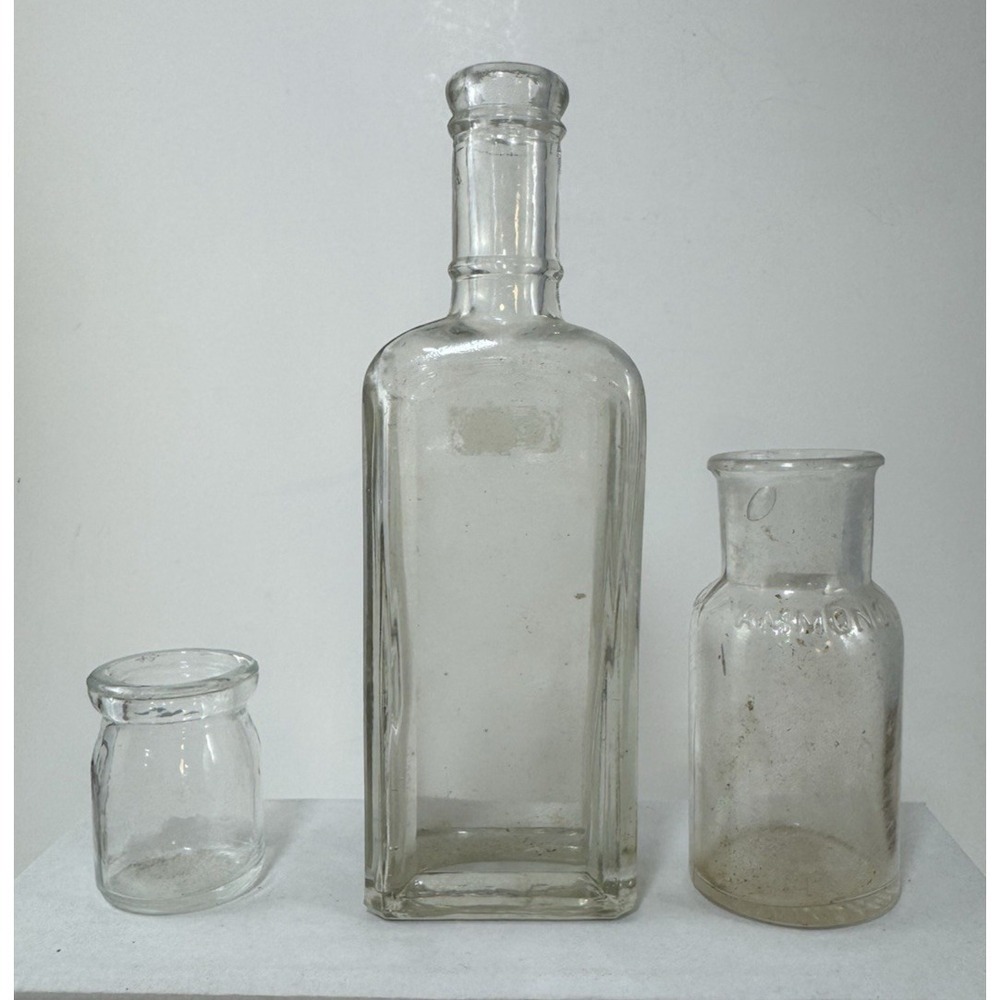 Lot of 3 Vintage Glass Apothecary Bottles Clear Ammonol Embossed Decorative Set